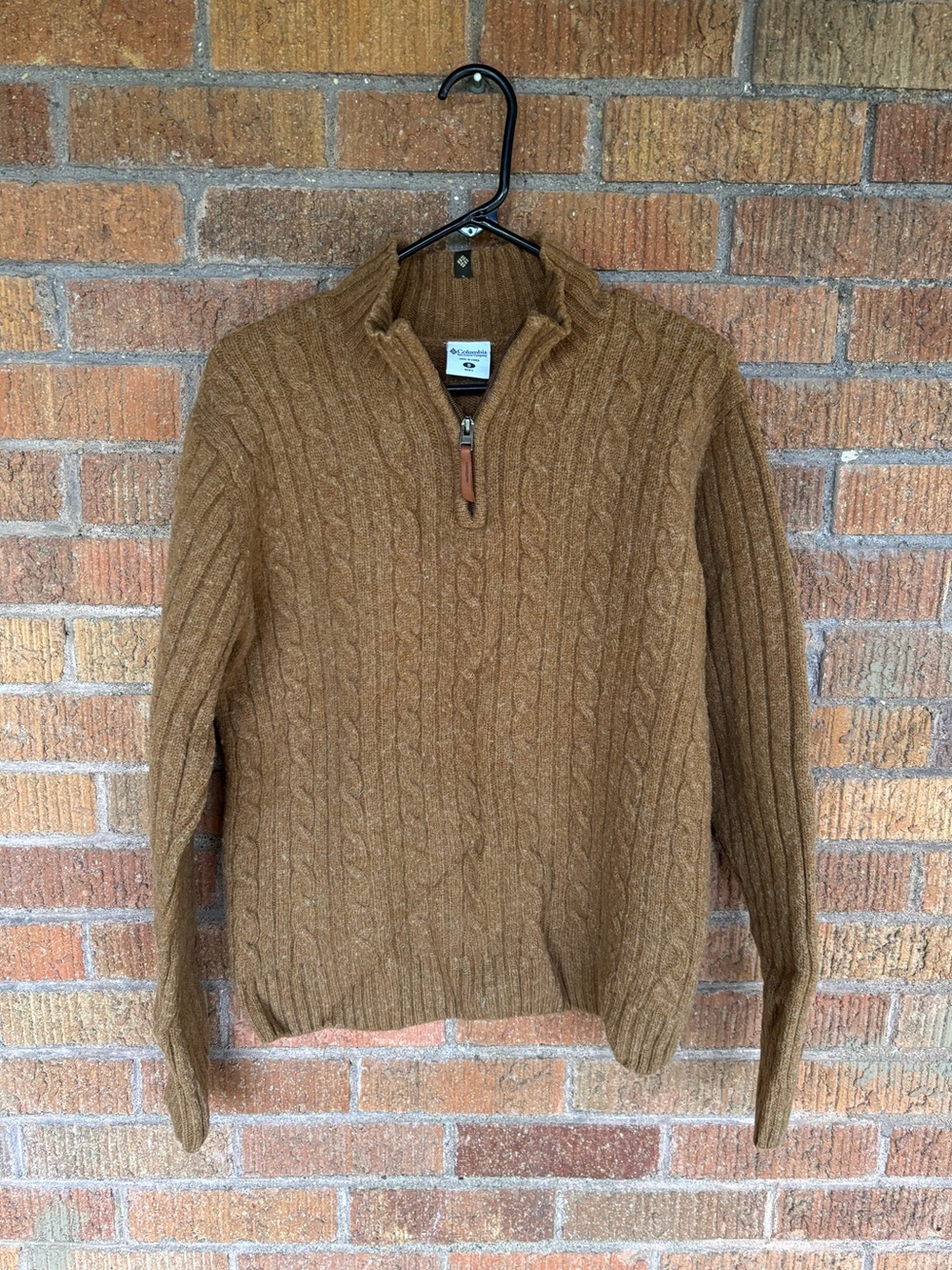 Columbia Mens Tan 100% Wool Cable Knit Quarter Zip Sweater S Fisherman Preppy